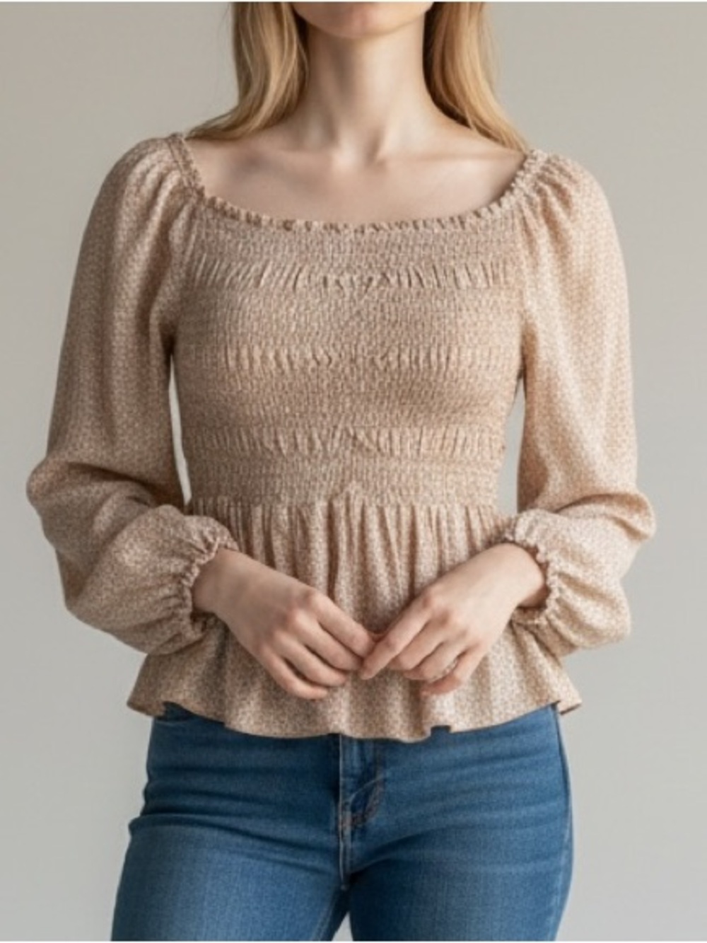 Urban Romantics Smocked Peplum Blouse Beige Floral Boho Cottagecore Prairie Top